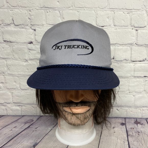 Vintage Hat Cap Snapback Gray Navy Blue Bill JKJ Trucking Rope Embroidered Logo - Picture 1 of 10
